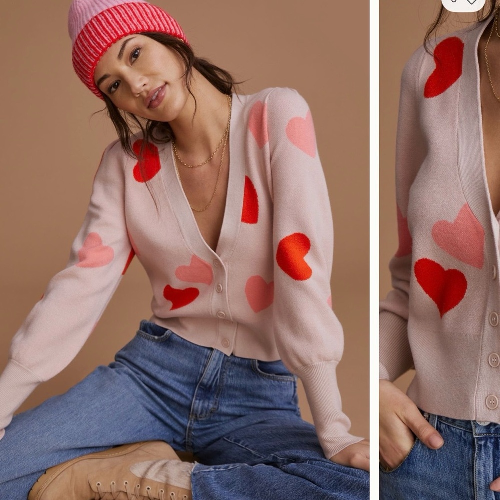 Anthropologie Pink and Red Heart Cardigan